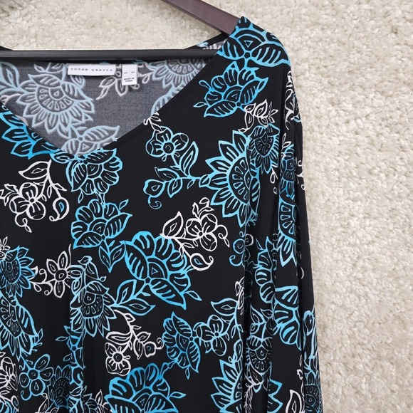 Susan Graver Top Womens 4X Blue Black Floral 3/4 Sleeve Liquid Knit Stretch - Picture 3 of 10